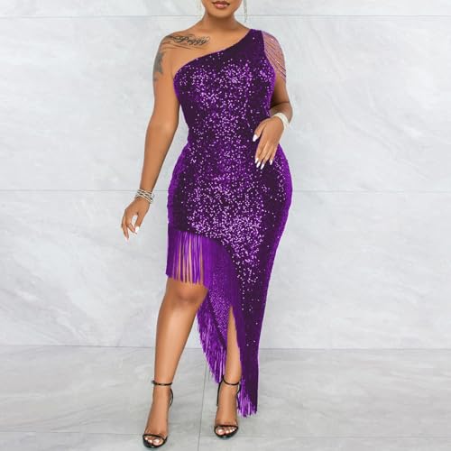 Image of Cololura Women Sequin Elegant Sexy Tassels One Shoulder Mermaid Bodycon Cocktail Evening Midi Party Formal Dress