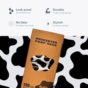 Dog Poop Bags – Cute Cow-Printed Disposable Waste Bags, Guaranteed Leak Proof, Unscented, 120 Count, 8 Rolls