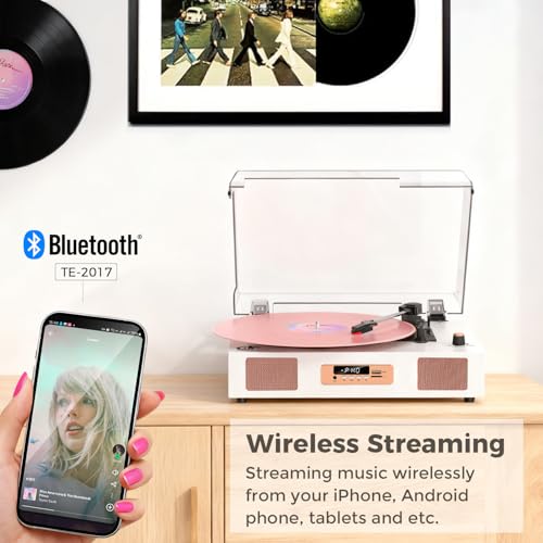 Image of Vinyl Record Player Bluetooth Streaming, 3-Speed Belt-Drive Turntable with Dust Cover, Built-in Speakers, Plug & Play for Beginners, USB Recording, AUX Input, RCA Output