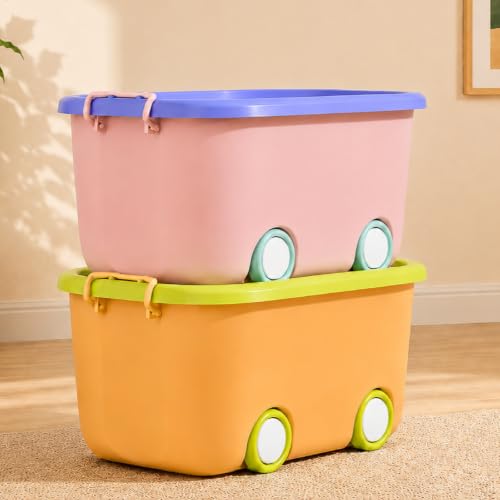 Image of JD FRESH 25 Litre Rolling Toy Storage Box /Colorful Car-Shaped Kids Toy Storage Organizer /Large Size Plastic Storage Box with Wheels & Handle /Stackable Storage Container Box (Pack of 2, Multicolor)