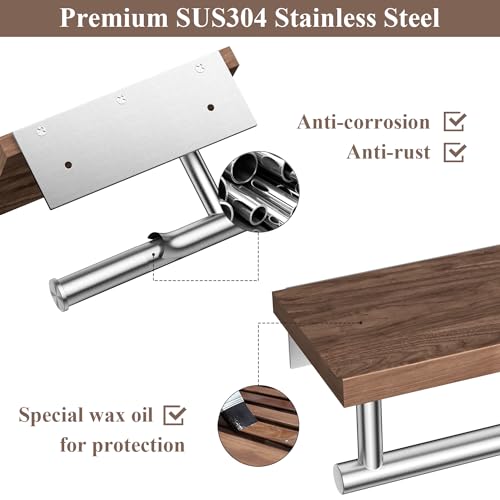 Image of Tindbea Toilet Paper Holder with Wood Shelf, Wooden Wall Mount Tissue Paper Roll Holder, Brushed Nickel Stainless Steel Bathroom Accessories Decor Household Home Apartment Restroom Essentials (Walnut)