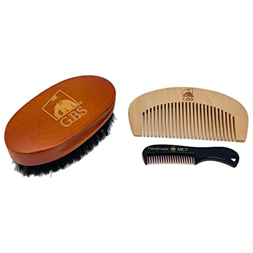 G.b.s Combo Beard Grooming Set, Oval Wood Beard Brush With Boar Bristles 4 1/2" X 2 3/8", All Fine Wood Beard Comb 2" X 4" & Tortoise Pocket Beard And Mustache Comb Effortless Glide #TOP18
