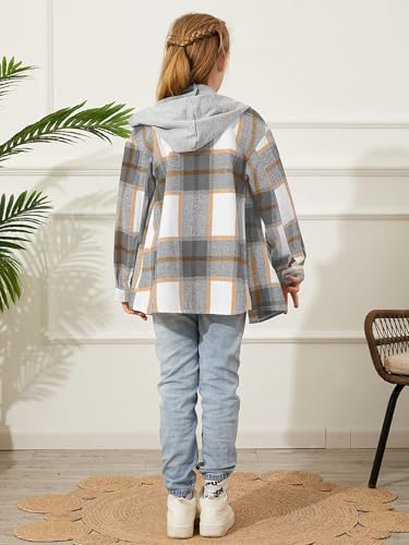Image of Girls Cute Flannel Plaid Button Down Top with Pockets Long Sleeve Hooded Jacket