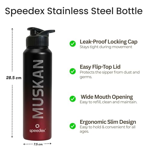 Image of Speedex Customised Stainless Steel Water Bottle 1 Ltr with Name - Personalised Engraved Sipper Cap Bottle for Kids, Men & Women, School, Gym, Office Black Wine, Set of 1
