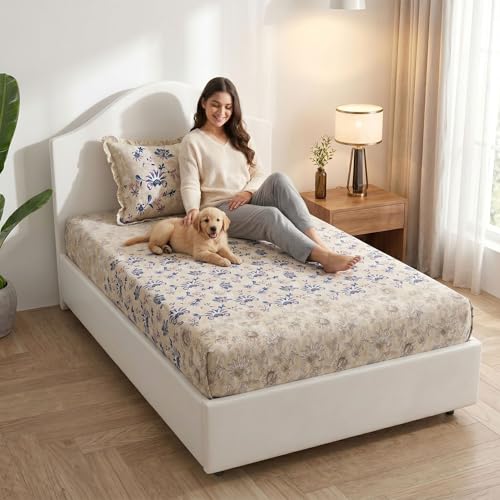 Image of Mafatlal Spring Glory Cotton Single Bedsheet Combo Pack of 2 with Pillow Covers | 180 TC Comfort Fit Cotton Sheets | Fresh Floral Print Bedding | Floral Green & Modern Blue