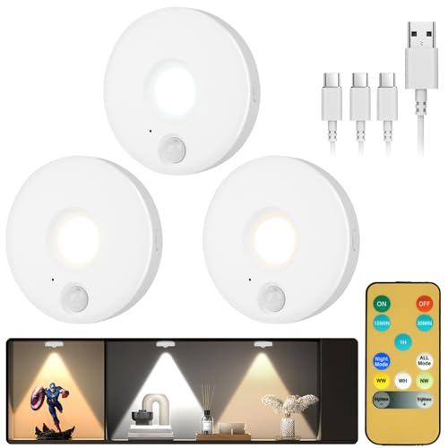 HOTUT Illuminazione a LED senza fili 3 Pezzi,Luce LED Vetrina Ricaricabile USB con telecomando,Spot a Batteria Senza Filo,Luce Sottopensile per Cucina, Scaffali, Vetrine e Scale
