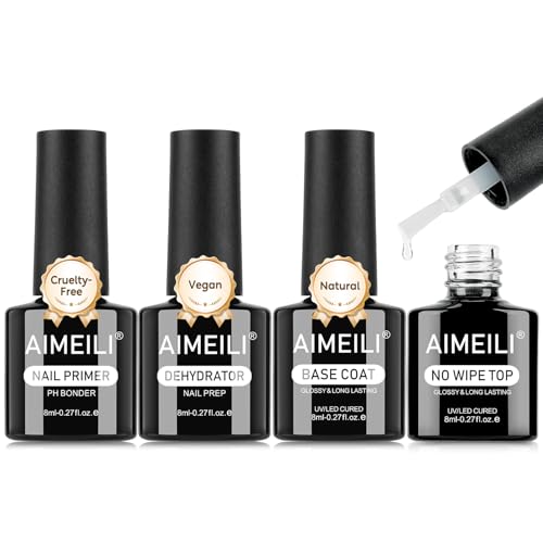 AIMEILI Nail Prep Primer Base e Top, 4 x 8ml Base e Top Coat Semipermanente Dehydrator e Primer Unghie Long Lasting Nail Polish UV Set