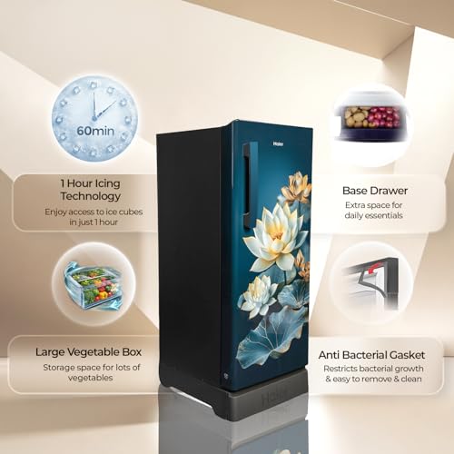 Image of Haier 190 L 5 Star Direct Cool Inverter Single Door Refrigerator with Fast Ice Making, Easy Clean Back, Large Vegetable Box (HED-205TGCBA-N, Green Camellia, Base Stand Drawer, 2026 Model)