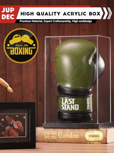 Image of JupDec Boxing Glove Display Case, Clear Acrylic Showcase with Wood Base & Plank for Single Glove, Full Size UV Protection Souvenirs and Collectibles Box, Ideal Gift for Boxing Fans, Black