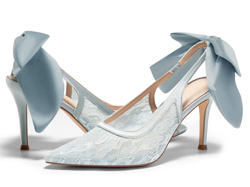 Coutgo Womens Slingback Stiletto Heels Bow Closed Pointed Toe Lace Patchwork Party Dress Shoes,Blue,Size 9