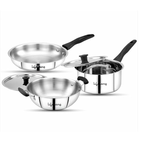 Lifelong 3 Piece Stainless Steel Cookware Set | 2.2L Kadhai with Lid 22cm | 1.4L Fry Pan 22cm | 1.2L Saucepan 16cm | Comes with Two Lid | Induction & Gas Compatible | Bakelite Handles | Easy to Clean