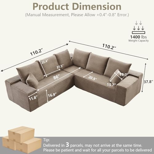 Image of Sectional Cloud Couch for Living Room, Modern Modular Floor Deep-Seat Sofa, Upholstered L Shaped Sofas, Big Comfy Corduroy Couches Set for Living Room Bedroom, No Assembly Required, Camel