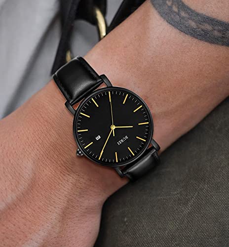 Image of BUREI Men's Fashion Minimalist Wrist Watch Analog Date with Leather Strap