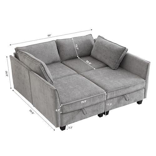 Image of ORRD Sleeper Modular Sectional Sofa Set, Convertible Couch Bed with Storage, 4 Seater and 4 Armrestes Sofa Modular for Living Room, Office (Grey)