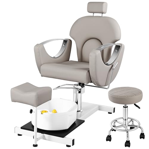 KIIUMI Reclining Pedicure Chair for Nail Tech, Hydraulic Lift Pedicure Station No Plumbing with Footrest Massage Basin, Rolling Stool, 360 Â° Swivel Foot Spa Chair for Massage Shop, Gray