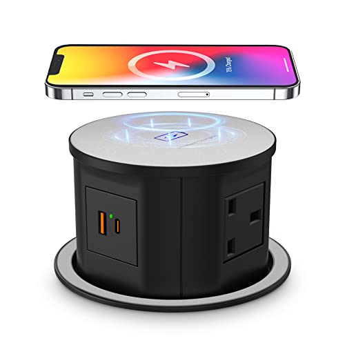 Automatic Pop up Power Socket with 15W Wireless Charger Pop up Plug Extension Socket Safe with PD 20W Type C Port 4 Way Outlets Tower Extension Lead 4.7 Hole Pop Up Outlet for Kitchen Worktops