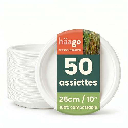 HAAGO 50 Assiettes Jetables Solides & Compostables 26 cm / 10