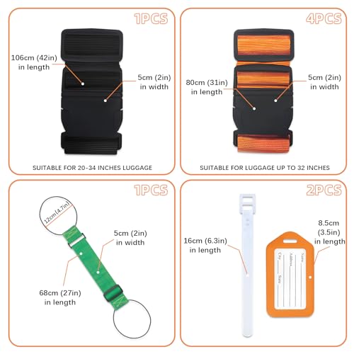 Image of 8 pcs Luggage Straps, CNYMANY 2-in-1 Travel Belt Add a Bag Luggage Strap, Adjustable Luggage Straps for suitcases Over Handle for Carry On Bag Airport Travel Accessories - Orange, Green, Black