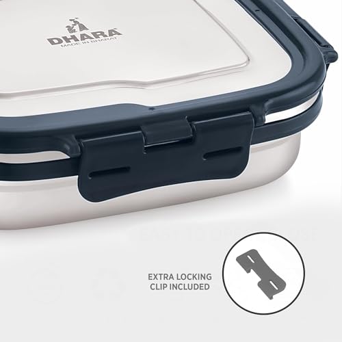 Image of Dhara Stainless Steel Blaze Tiffin Box for School, 800ml Airtight Lunch Box 600ml with Mini Container 200ml and Spoon - Navy Blue