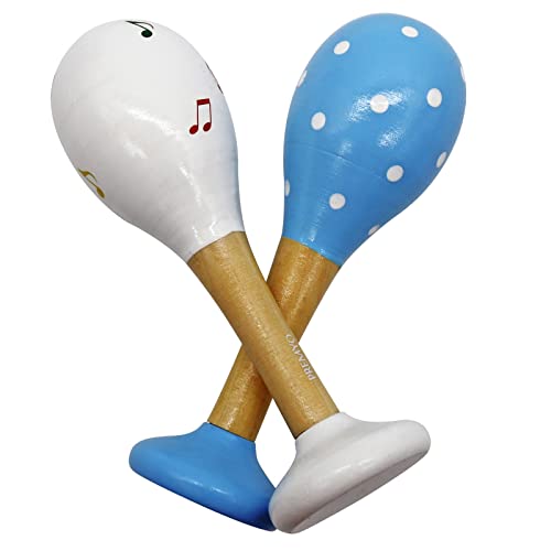 PREMYO Rassel Baby Musik Spielzeug - Holzspielzeug Maracas Babyspielzeug - Punkte Musiknoten Blau Weiß