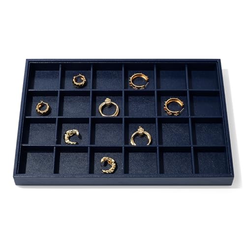Blue Leather Jewelry Tray Earring Organizer Tray 24 Girds Jewelry Display Tray Ring Earrings Holder Trays Jewelry Drawer Organizer for Ring Earrings Storage Display