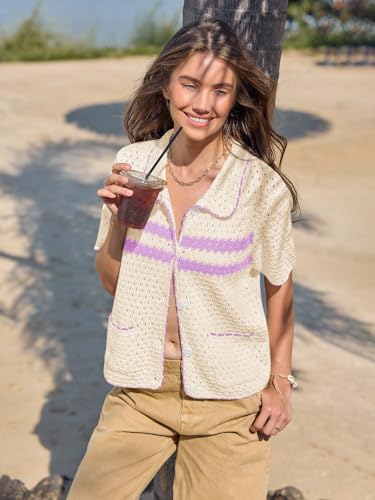 Image of Yousify Womens Casual Summer Short Sleeve Sweaters Button Down Crochet Knit Tops 2026 Loose Cute Cardigan Sweater