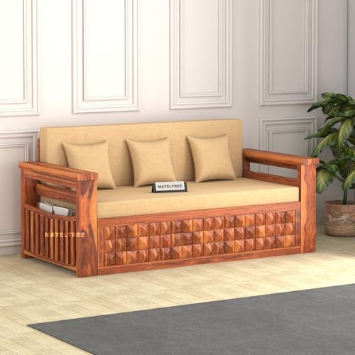 Image of Sheesham Wooden Sofa Cum Bed for Living Room with Side Pocket Storage - 3 Seater Sofa Cum Bed with Storage - 3 Person Sofa Cum Bed Wooden with Premium Cushion Seating (Honey F)