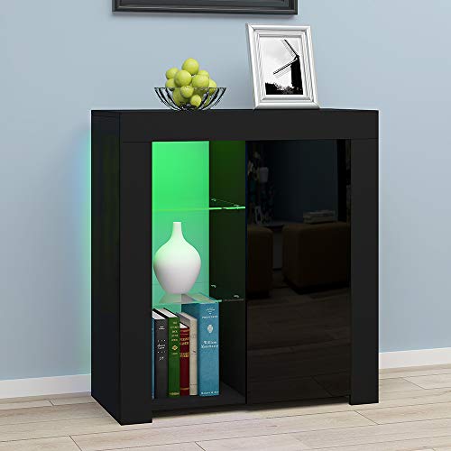 Panana Sideboard Modern Cabinet Matt Body and High Gloss Doors Sideboard 16colors LED Lighted LxWxH 29.53x15.78x32.68inch (Black)