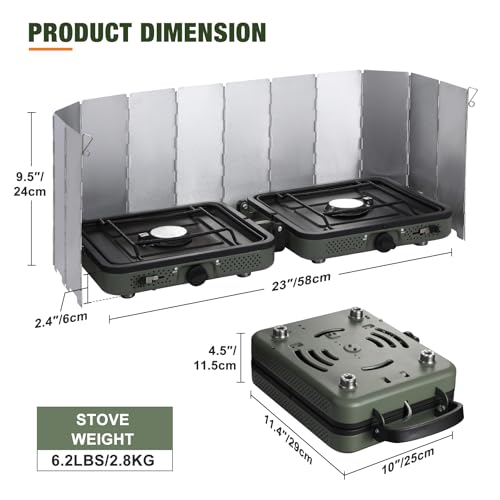 2 Burner Camping Stove with Windscreen, Portable Folding Gas Stove with 17200 BTU Adjustable Burners,12 Plates Foldable  - Additional View