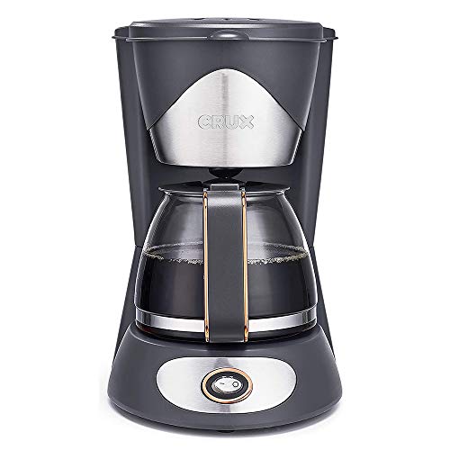 CRUX 5 Cup Manual Coffee Maker, Convenient Pause Brew & Serve Function, Sustainable, Removeable and Reusable Filter Basket, Matte Black/Silver & Copper Accents