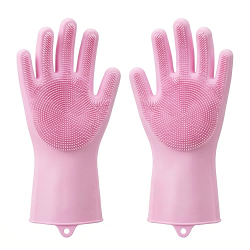 Image of Kitchen Dishwashing Gloves for Washing Dishes - Reusable Rubber /Silicone Cleaning Gloves for Kitchen, Bathroom & Car Cleaning - Waterproof Household Hand Gloves for Women, Home Essentials (pink)