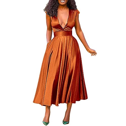 Vestidos de verano para mujer, vestidos de verano para mujer, estilo europeo y americano, elegantes con cuello en V, mangas envueltas, vestidos de verano para mujer, Reino Unido, marrón, XL