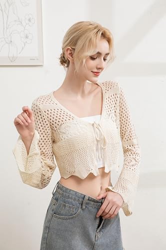 Women's Lightweight Summer V-Neck Tie Front Cropped Cardigan Bell Long Sleeve Crochet Knit Open Front Top2