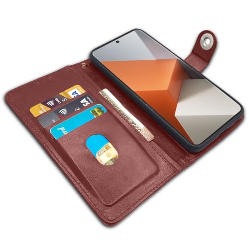 Image of Pikkme Redmi Note 13 Pro Plus 5G Flip Cover Leather Finish | Inside TPU with Card Pockets | Wallet Stand and Shock Proof | Magnetic Closing | Complete Protection Button Flip Case (Brown)