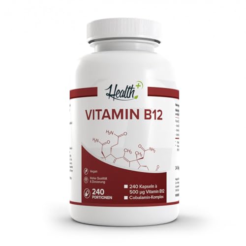 B01N3CYYEX– Health+ Vitamin B12 - 240 Kapseln, hochdosierte Vitamin Kapseln mit 500 mcg Cobalamin-Komplex, Nahrungsergänzungsmittel, Made in Germany