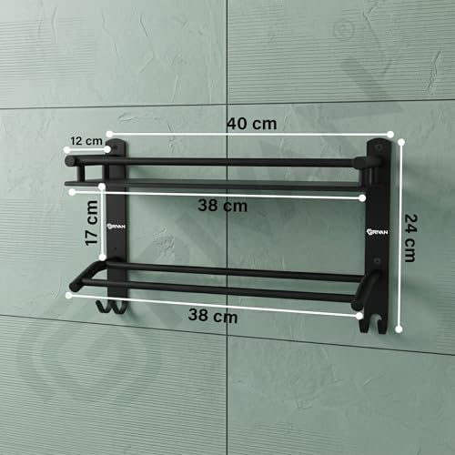Image of GRIVAN Stainless Steel Bathroom Shelf Rack Stand with Dual Towel Rod | Multipurpose Bathroom Accessories Set (Black Matte)