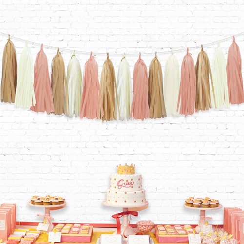 Image of Boho Tassel Garland for Bridal Shower Baby Shower Decorations, 15pcs | Blush Pink Tassel Garland Party Decor for Brithday Decorations, Cream Khaki and Blush Pink
