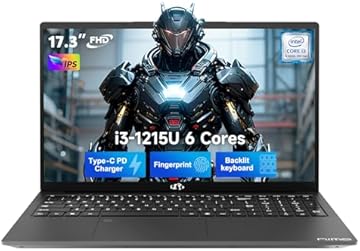 17.3" FHD IPS Laptop, Intel Core i3-1215U (Beats i5-1135G7 Class), 16GB RAM, 512GB SSD, Windows 11 Home, Wi-Fi 6, Backlit Keyboard, Fingerprint, USB-C 65W Fast Charge, Bluetooth 5.2, 180° View