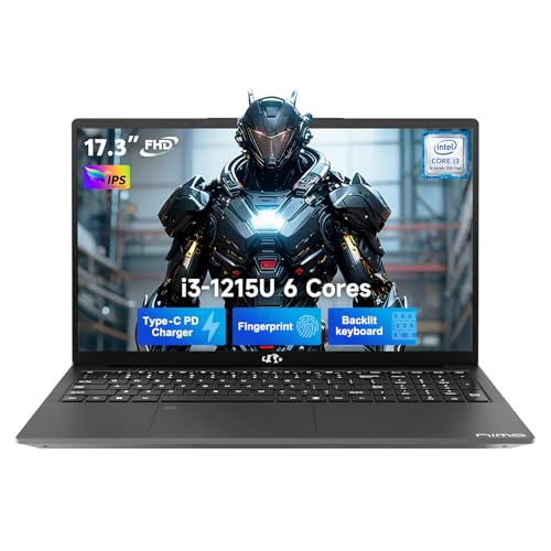 17.3" IPS FHD-Laptop, Intel 6 Core I3-1215U 8GB RAM 256GB SSD (Beat R5 7520U, Up to 4.4GHz) Student Computer with 65W Type C Backlit Keyboard Fingerprint Wi-Fi 6, for Home and Business