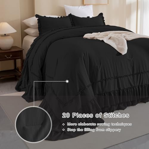 Image of QSH 3PCs Black Ruffled Oversized King Comforter 120x120,Farmhouse Shabby French Country Chic Ruffle Bed Comforter Set Boho Lightweight Ultra Soft Microfiber California King Comforter with Pillowcases