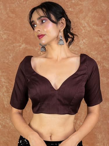 Image of FIGURE'S DESIGNER Women's Dupion Raw Silk Half Elbow Sleeves Sweetheart V Neck Sabyasachi Cut Readymade Saree Blouse S10