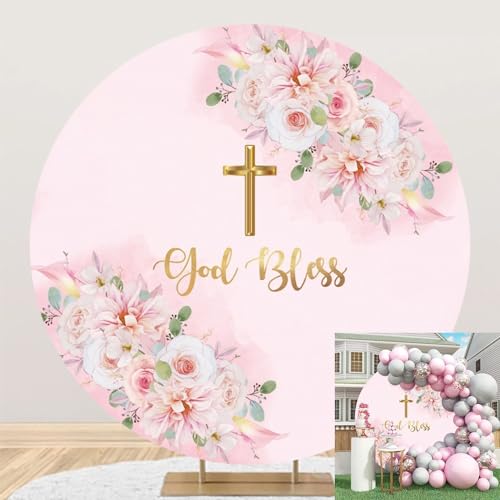 TTQYFNM 6.5x6.5ft God Bless Round Backdrop Cover Polyester Pink Flowers Golden Cross First Holy Communion Photography Background for Newborn Girls Baby Shower Baptism Christening Party Decor Banner