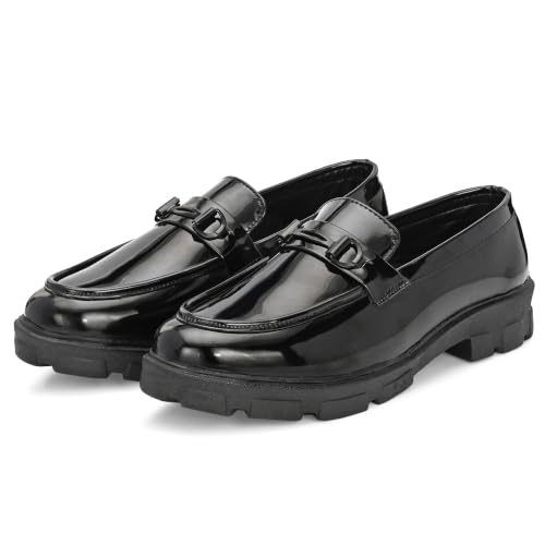 Image of Men's Premium Glossy Black Chunky Sole Loafers with Metal Accent | Fashion Slip-On Formal Casual Shoes
