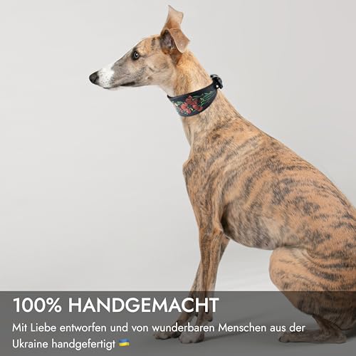 FAVPET Handbemalter Echtleder Windhund Halsband Breit mit QR Code Anhänger, Weiches Lederhalsband Hund Whippet Italienisches Windspiel Saluki Lurcher Spanischer Galgo Podenco (Rote Mohnblumen, XS)