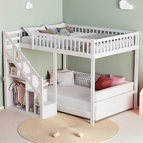 Poeahu Litera infantil 90 x 200 cm, litera de 2 plazas con escaleras y almacenamiento, cama entrepiso infantil con protección contra caídas, marco de cama doble para adolescentes (blanco, 90 x 200 cm)