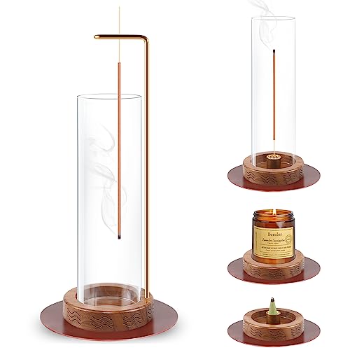 4 in1 Incense Holder for sticks, Wood incense cone holder with transparent lid Catch all Ash, Handmade Incense Stick Holder with Cone Coil for Home Office Decor, Yoga, Meditation