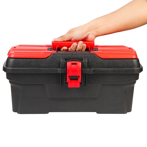 Image of Spartan SPTB-16 Inch Plastic Tool Box with Organizer Tray | Portable Storage Box for Tools, Screws, Nails & Hardware | Compact Toolbox with Locking Clip for Garage, Electrician & Mechanic Use