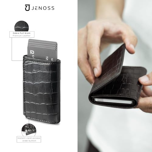 Image of Jenoss Smart Wallet For Men: Full Grain Leather, Handcrafted, Slide Metal Pop Up Case, Slim RFID Blocking Credit Card Holder, Minimalist Compact, 6-8 Cards Organizers, Front Pocket, Money Clip (Black)