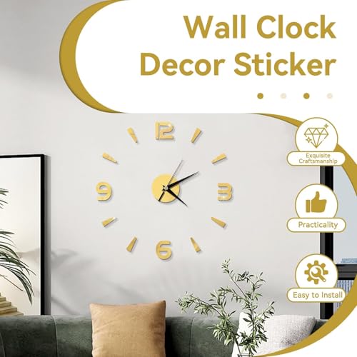 Horloge murale 3D dorée en acrylique effet miroir pour le salon