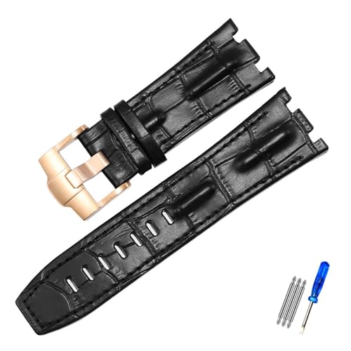 Run Ken AP 15703 ロイヤル オーク オフショア シリーズ 28mm ブラック ブラウン ブルー 時計バンド アクセサリー メンズと互換性のある本革時計ストラップ(Black-rosegold)